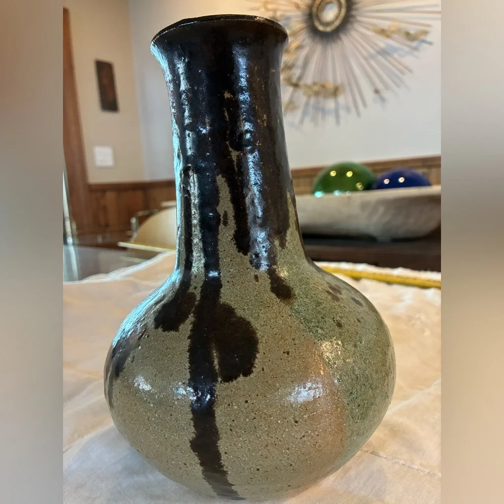 Ceramic Vase Vtg Brown Green Tan Drip Glaze Very Heavy 4.6LBS No Flaws Felt Feet